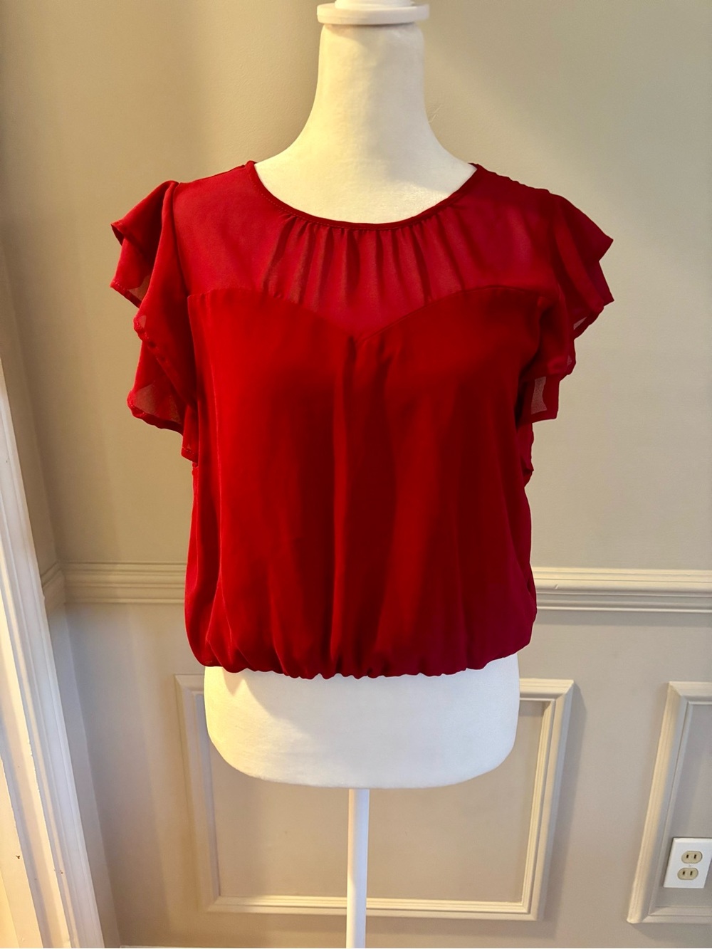 Monteau Women's Red Flutter-Sleeve Blouse with fitted waist.
